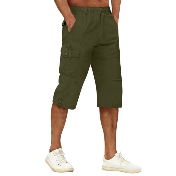 Mens Lightweight 3/4 Cargo Pants with Slim Fit, Utility Bottoms with Pockets for Business Casual and Sports Army Green L