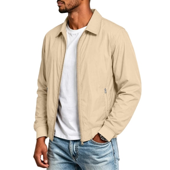 Mens Lightweight Bomber Jacket, Long Sleeve Full Zip Point Collar Regular Fit Solid Casual Outerwear with Zipper Pockets, Beige, L