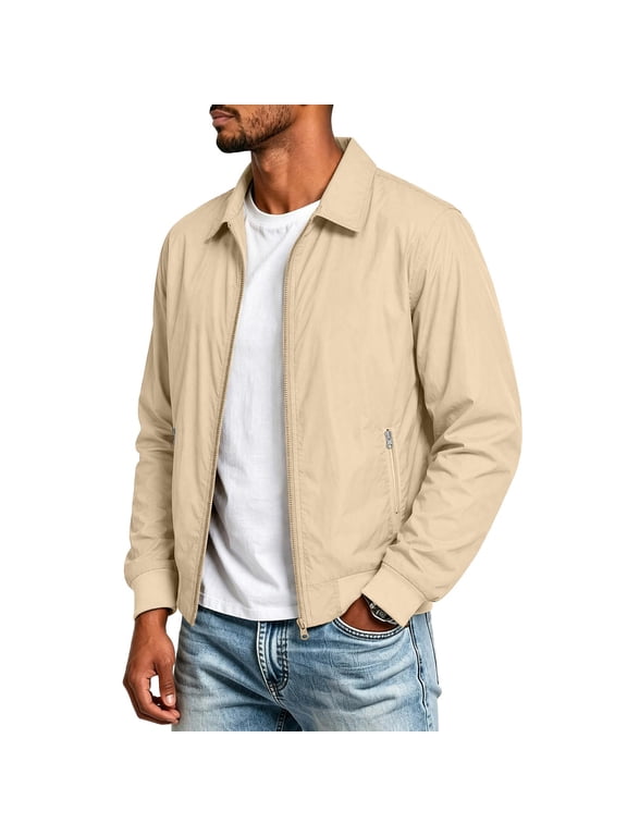 Mens Lightweight Bomber Jacket, Long Sleeve Full Zip Point Collar Regular Fit Solid Casual Outerwear with Zipper Pockets, Beige, L