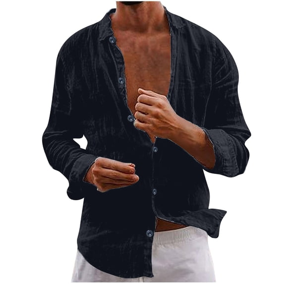 Mens Lightweight Button Down Shirt Cotton Linen Casual Long Sleeve Shirts Collared Hippie Beach Tops