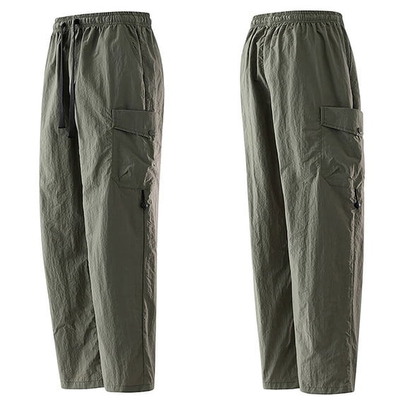 Mens Lightweight Cargo Parachute Pants Elastic Waist Drawstring Multi-Pocket Casual Pants Army Green M
