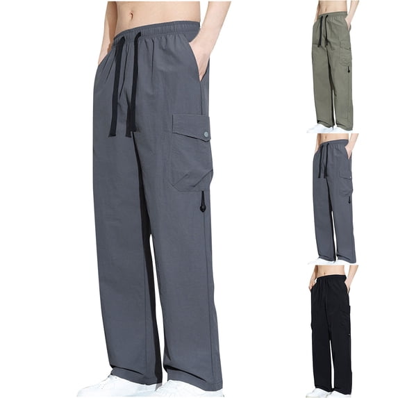 Mens Lightweight Cargo Parachute Pants Elastic Waist Drawstring Multi-Pocket Casual Pants Dark Gray 4XL