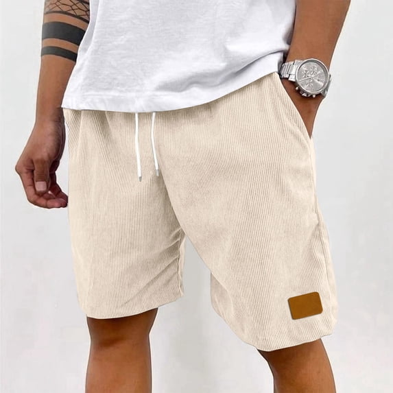Mens Lightweight Corduroy Shorts Elastic Waist Drawstring Casual Summer Shorts Beige M