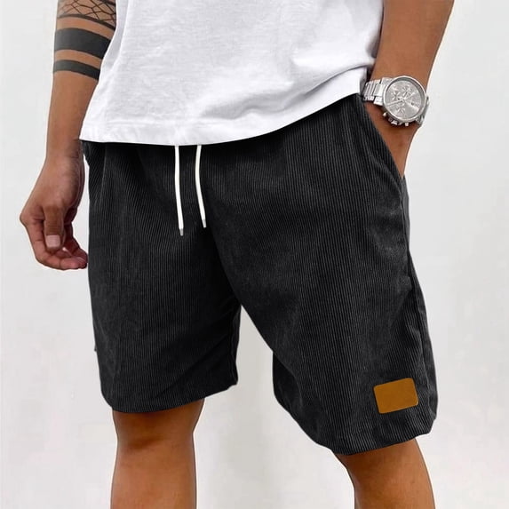 Mens Lightweight Corduroy Shorts Elastic Waist Drawstring Casual Summer Shorts Black M