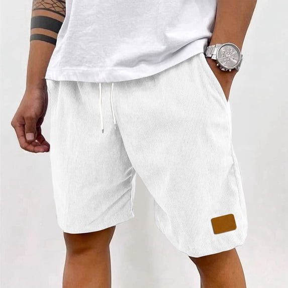 Mens Lightweight Corduroy Shorts Elastic Waist Drawstring Casual Summer Shorts White XL