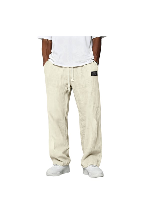 Mens Lightweight Cotton Linen Pants Elastic Drawstring Waist Loose Fit Casual Trousers Breathable Summer Bottoms for Beach Vacation Home Loungewear Daily Use, Size S-3XL