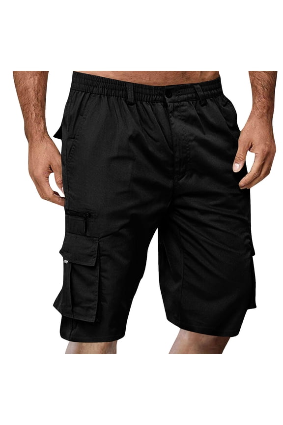 Mens Lightweight Elastic Waist Knee Length Multi Pocket Cargo Bermuda Shorts Poly Cotton Summer Fishing Relaxed Fit Pants Black 2XL