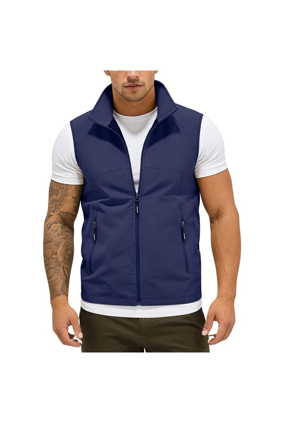 Mens Lightweight Gilet Sleeveless Zip Up Jacket Casual Golf Windbreakers Fishing Hiking Running Work Tactical Vests Outerwear 41# Dark Blue S