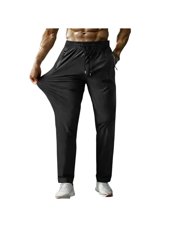 Mens Lightweight Hiking Pants Summer Quick-Dry Nylon Ice Silk Elastic Straight Leg Pants With Zipper Pockets Lightweight Stretch Outdoor Sweatpants For Running Gym Workout