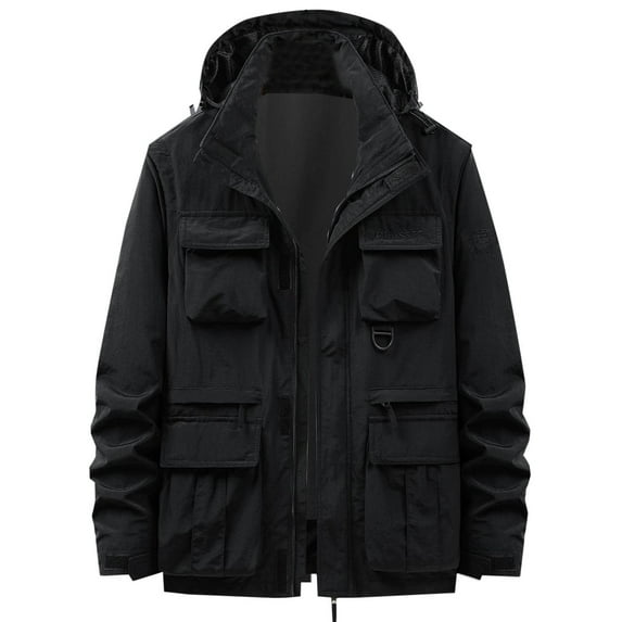 Mens Lightweight Hiking Windproof Jacket Detachable Hood Waterproof Hooded Rain Jackets Casual Zip Up Outdoor Work Vest Coats