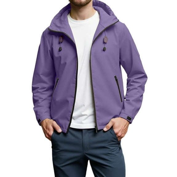 Mens Lightweight Jacket Water_proof Wind_breaker Packable Rain Coat with Hood for Running Hiking Travel Jacket For All Occasions (Purple,L)
