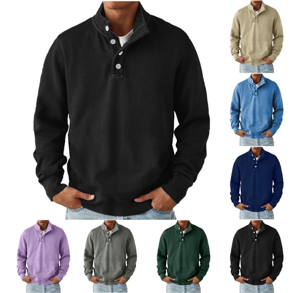 Mens Lightweight Jackets Cameland Men‘s Fall And Winter Collar Pullover Hoodie Button Solid Color Casual Semi-open Top Sky Blue XXL