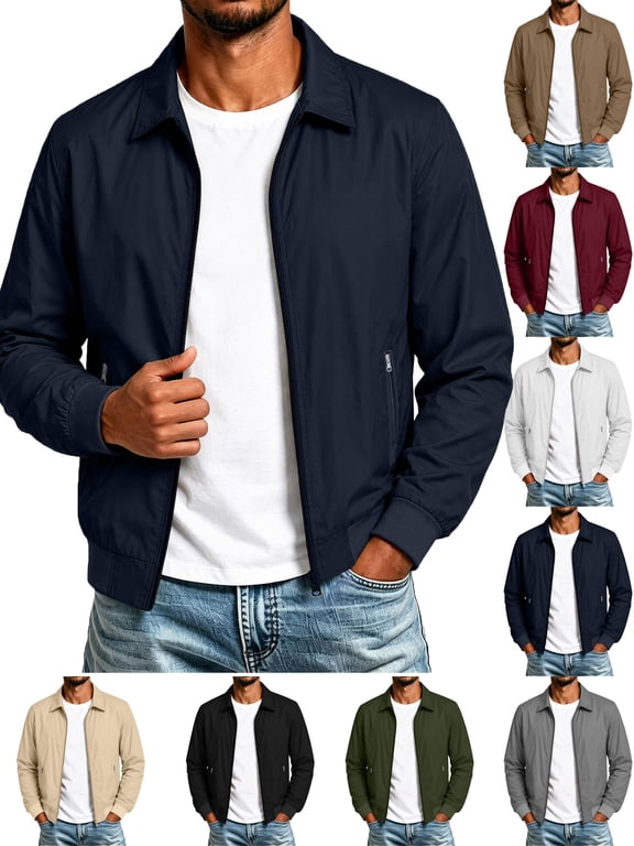 Mens Lightweight Jackets Windproof Long Sleeve Turndown Collar Solid Color Casual Zip-up Jacket Windproof Coat for Outdoor Sport Work Travel