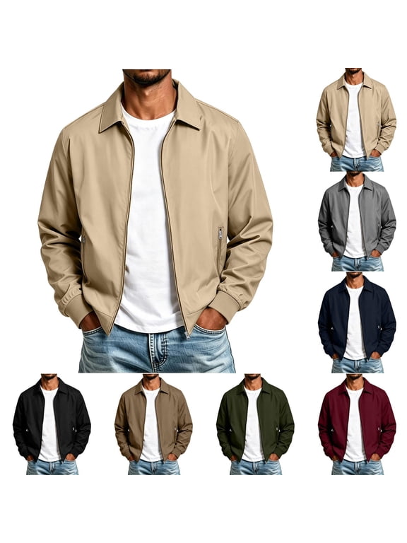 Mens Lightweight Jackets Windproof Long Sleeve Turndown Collar Solid Color Casual Zip-up Jacket Windproof Coat for Outdoor Sport Work Travel