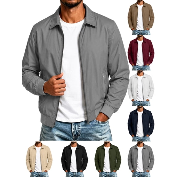 Mens Lightweight Jackets Windproof Long Sleeve Turndown Collar Solid Color Casual Zip-up Jacket Windproof Coat for Outdoor Sport Work Travel
