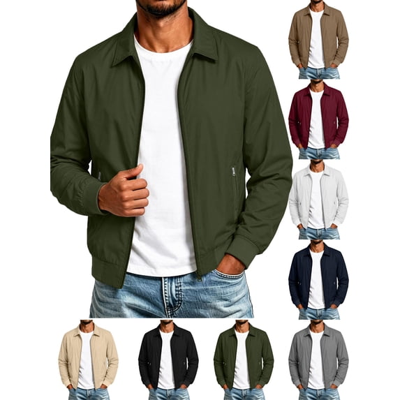 Mens Lightweight Jackets Windproof Long Sleeve Turndown Collar Solid Color Casual Zip-up Jacket Windproof Coat for Outdoor Sport Work Travel