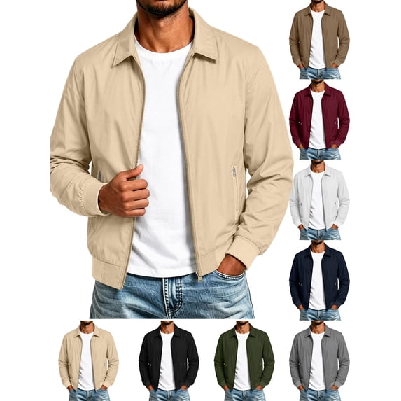 Mens Lightweight Jackets Windproof Long Sleeve Turndown Collar Solid Color Casual Zip-up Jacket Windproof Coat for Outdoor Sport Work Travel