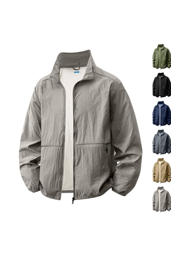 Mens Lightweight Jackets Zip Quick Dry Cooling Sun Protection Shirt Outdoor Workout Running Fishing Stand Collar Coats,M,Light Gray