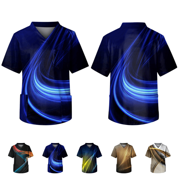 Mens Lightweight Nurse Work Shirts, Colorful Abstract Geometric Graphic V-Neck Scrub Tops with Storage Pockets for Healthcare Staff Blue S