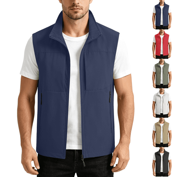 Mens Lightweight Outdoor Sleeveless Zip Vest Water Resistant Casual Vest Gilet Multi‑Pocket for Fishing Hiking Camping Daily Outdoor Activities Dark Blue M