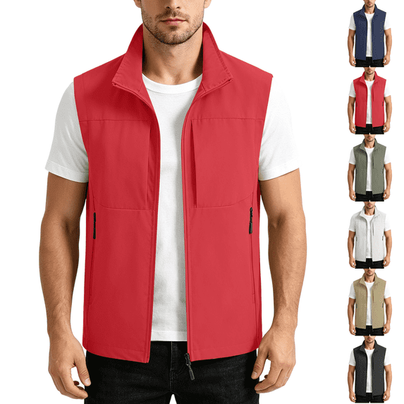 Mens Lightweight Outdoor Sleeveless Zip Vest Water Resistant Casual Vest Gilet Multi‑Pocket for Fishing Hiking Camping Daily Outdoor Activities Red XL