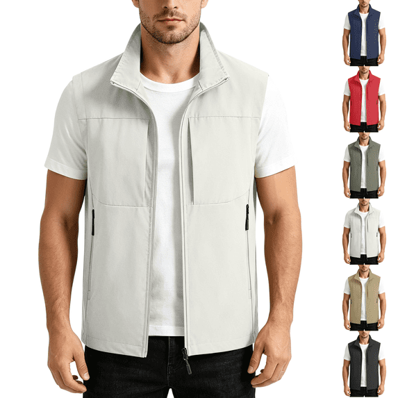 Mens Lightweight Outdoor Sleeveless Zip Vest Water Resistant Casual Vest Gilet Multi‑Pocket for Fishing Hiking Camping Daily Outdoor Activities White L