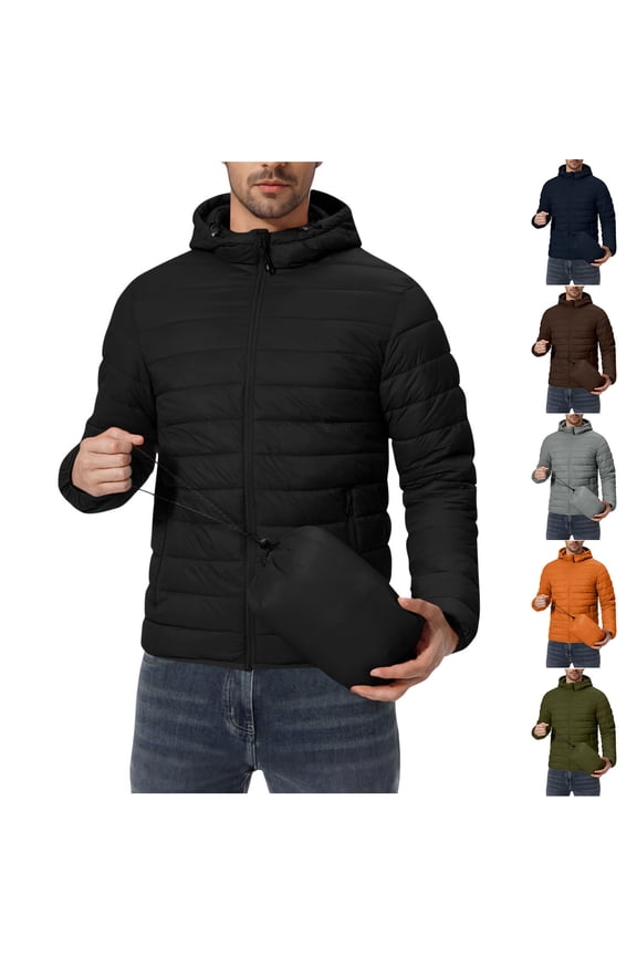Mens Lightweight Packable Hooded Waterproof Puffer Jacket Pockets Insulated Winter Coat for Snow Ski Traveling Jackets for Men