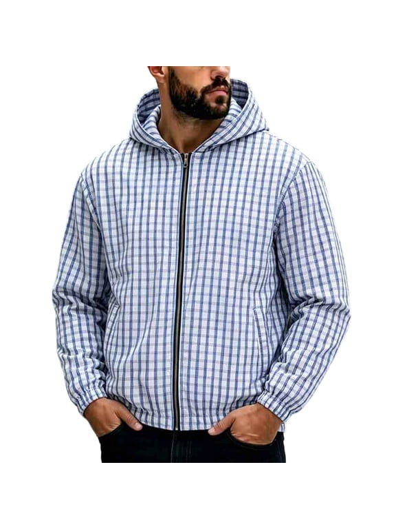 Mens Lightweight Plaid Jacket Casual Hooded Full Zip Windbreaker Sun Protective Checkered Zipper Coat with Hood