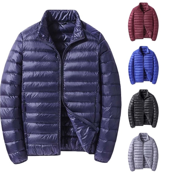 Mens Lightweight Puffer Jacket, Short Packable Down Coat, Stand Collar Hooded Jacket, Warm Winter Outerwear for Casual Daily Wear