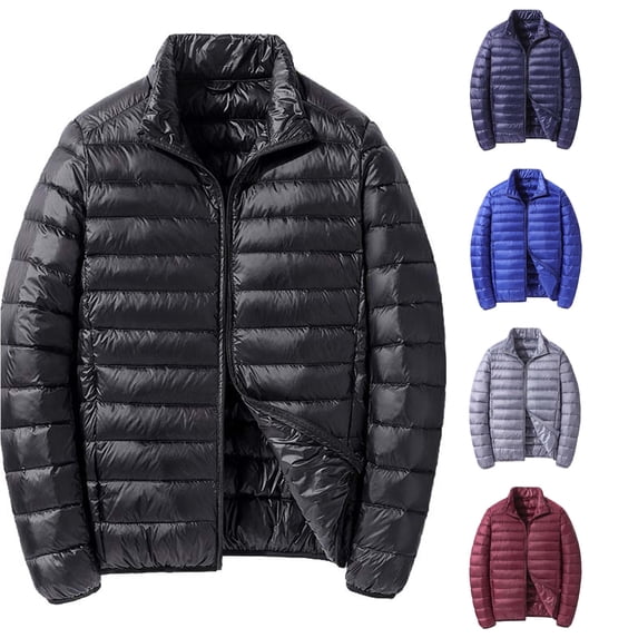 Mens Lightweight Puffer Jacket, Short Packable Down Coat, Stand Collar Hooded Jacket, Warm Winter Outerwear for Casual Daily Wear