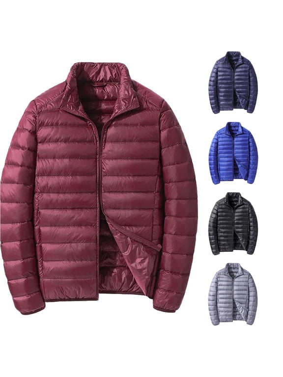 Mens Lightweight Puffer Jacket, Short Packable Down Coat, Stand Collar Hooded Jacket, Warm Winter Outerwear for Casual Daily Wear