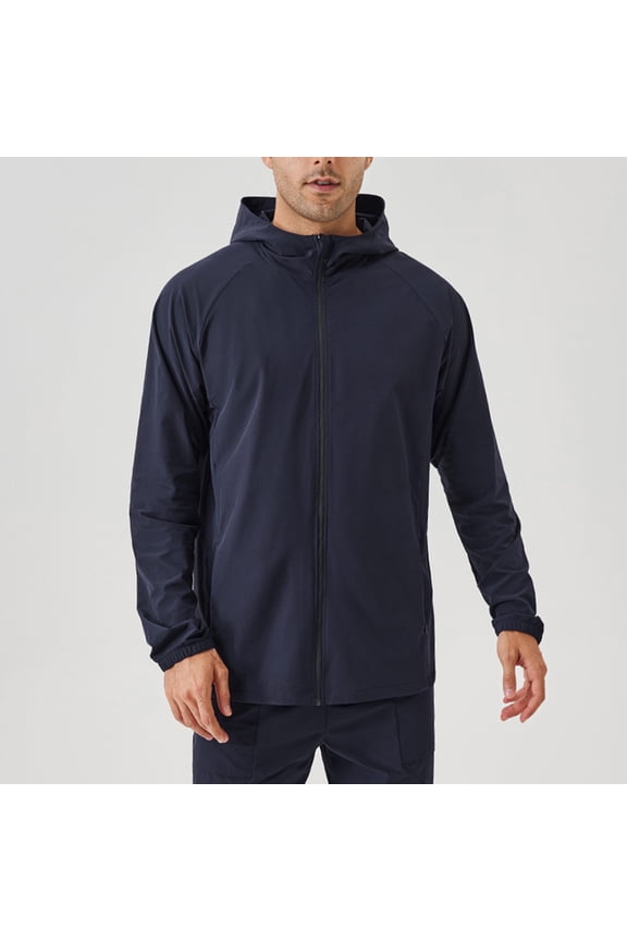 Mens Lightweight Rain Jackets with Zipper Pockets and Hoodie Long Sleeve Raincoats Zip Up Breathable Solid Color Hiking Running Outerwear Jacket