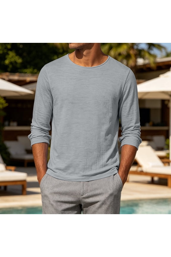 Mens Lightweight Slub Knit Long Sleeve Tee Cotton Linen Blend Crew Neck Regular Fit Basic Gray,Size L