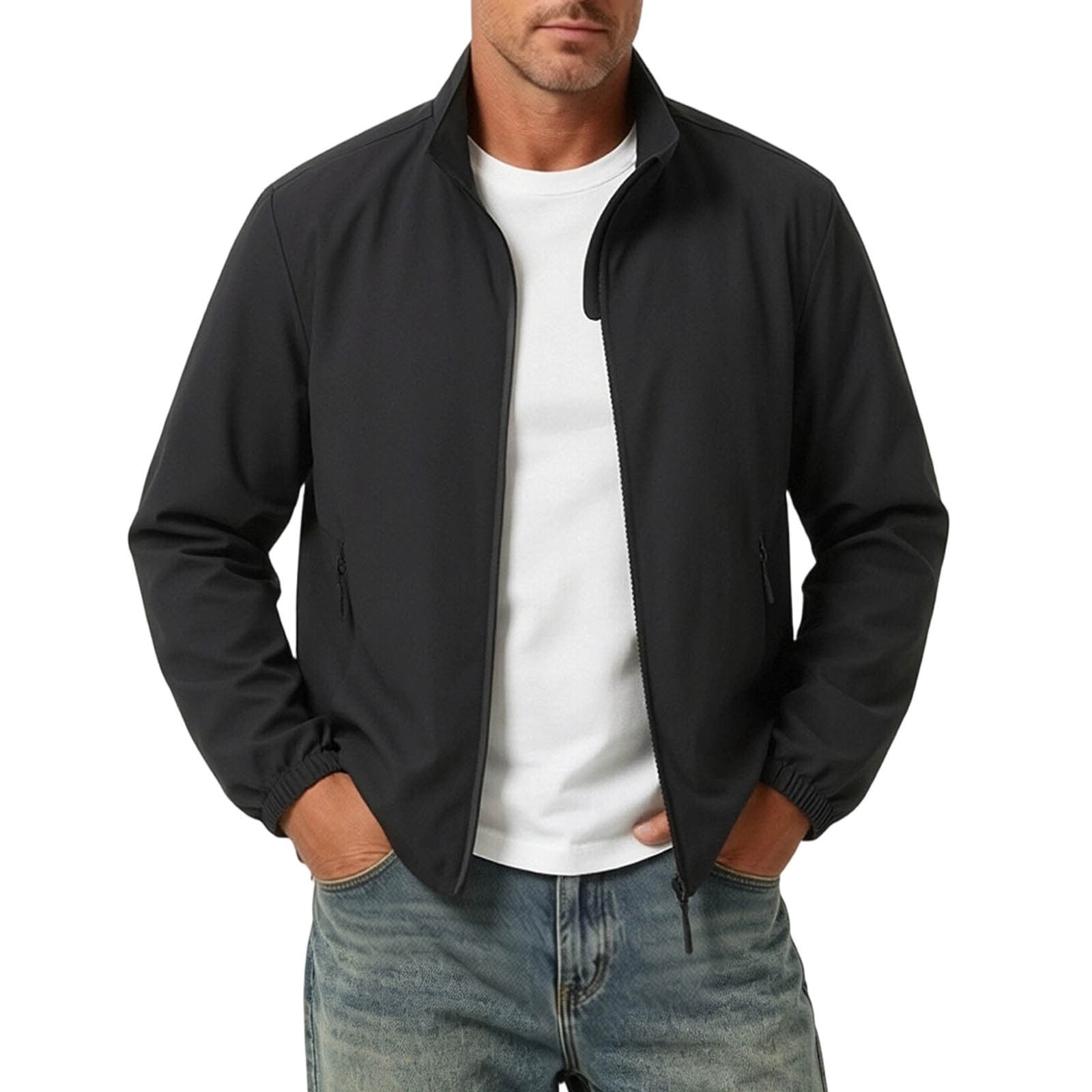 Mens Lightweight Stand Collar Solid Zip Jacket Elastic Cuff
