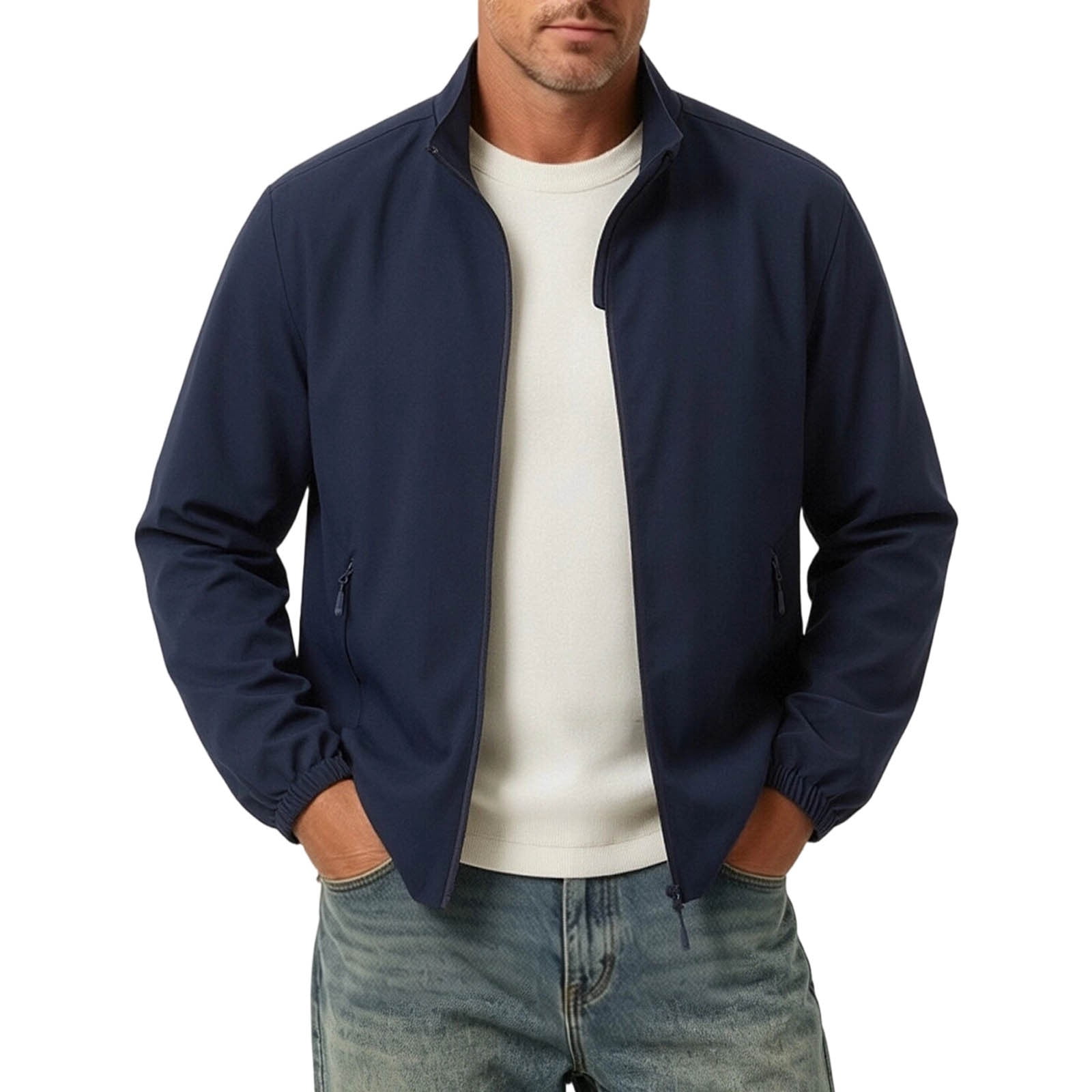 Mens Lightweight Stand Collar Solid Zip Jacket Elastic Cuff