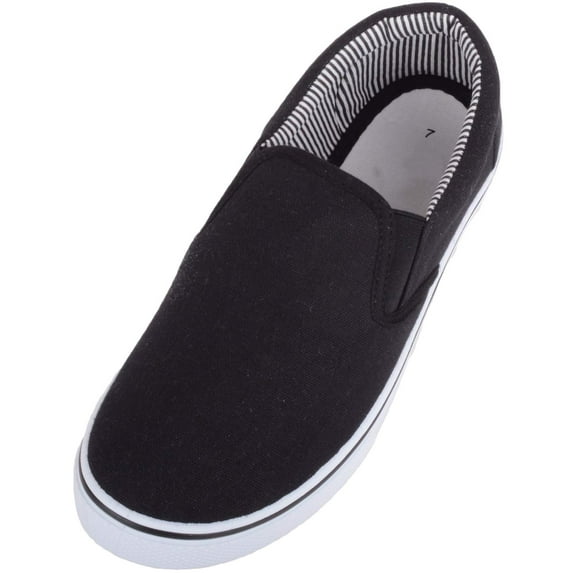 Mens Lightweight Summer Canvas Slip On Trainers Pumps with Twin Gusset - Black with White Sole - US 9