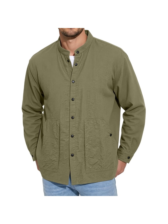 Mens Lightweight Windbreaker Button Coach Jacket Outdoor Windproof Mandarin Collar Cargo Coats with Pocket