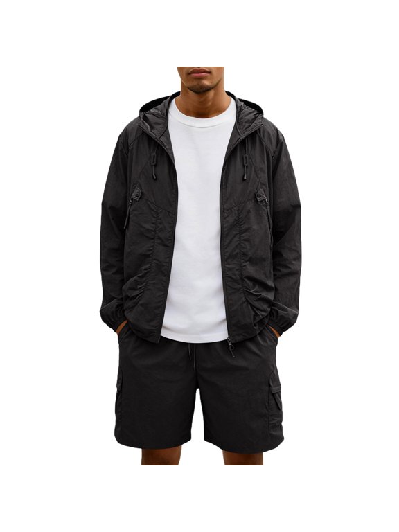 Mens Lightweight Windbreaker Jacket and Shorts Set, Hooded Zip Up Cargo Pockets Summer Outdoor Sportswear Suit Black M