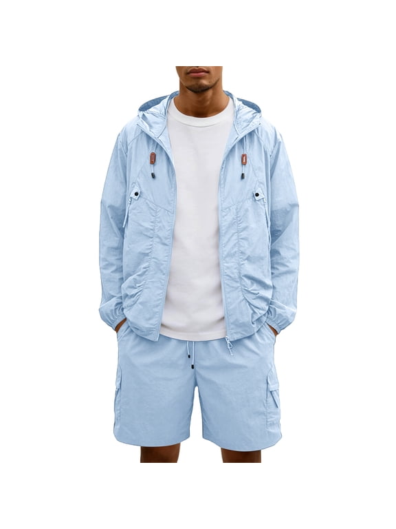 Mens Lightweight Windbreaker Jacket and Shorts Set, Hooded Zip Up Cargo Pockets Summer Outdoor Sportswear Suit Light Blue 2XL