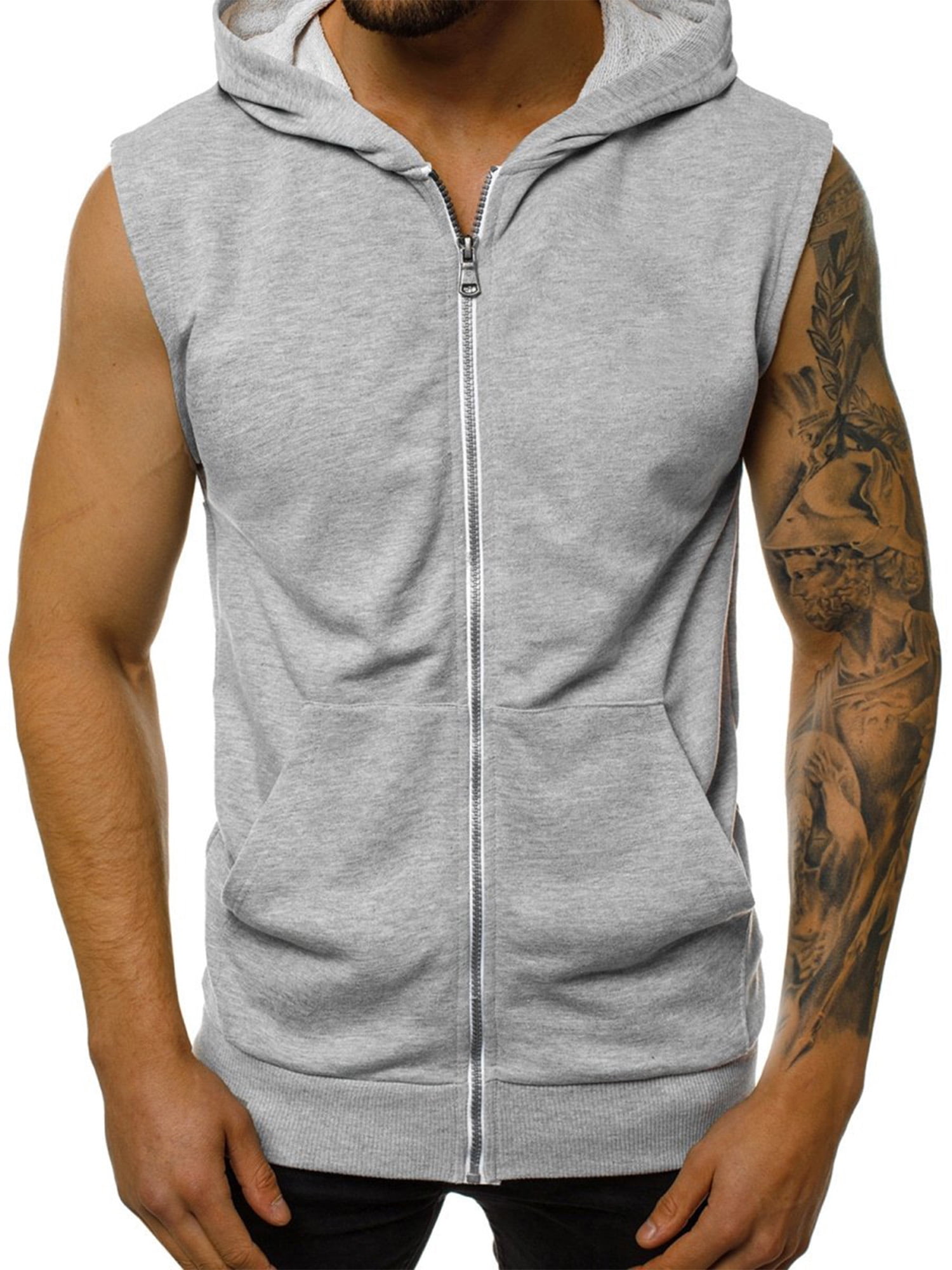 Mens Workout Zip up Tank Tops with Hood Casual Sleeveless Pockets Fitness T Shirt Solid Athletic Muscles Cut Off Tees Walmart