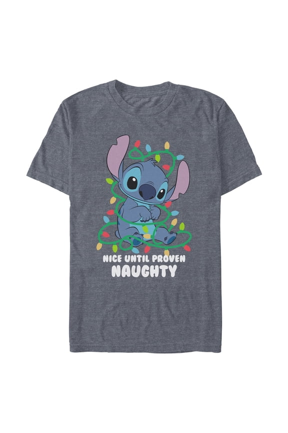 Mens Lilo & Stitch Nice Until Proven Naughty Christmas Lights T Shirt