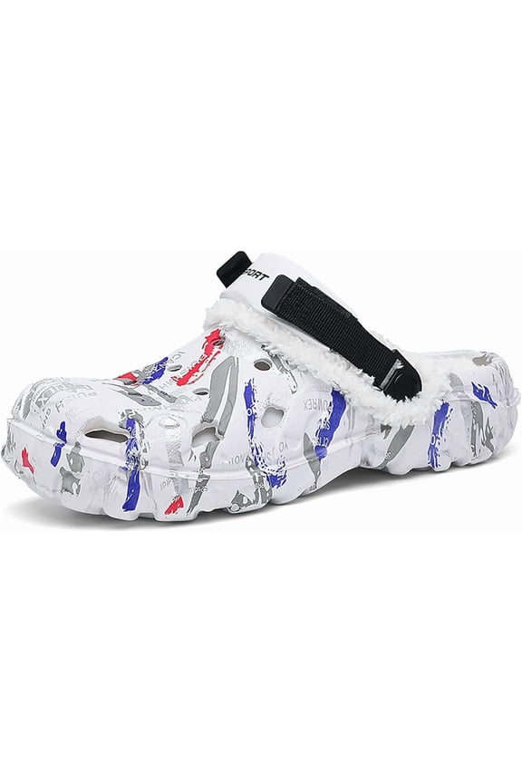 Mens Lined Clogs Camo Fuzzy Garden Shoes Winter Slip-On Slippers Sandals with Adjustable Back Strap