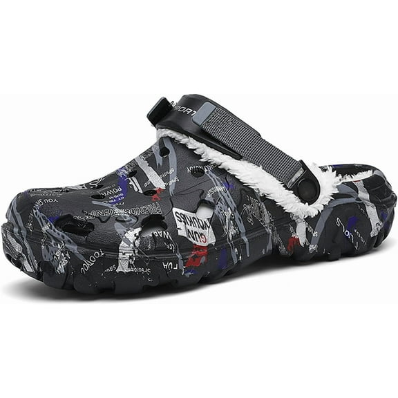 Mens Lined Clogs Camo Fuzzy Garden Shoes Winter Slip-On Slippers Sandals with Adjustable Back Strap