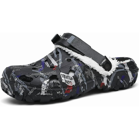 Mens Lined Clogs Camo Fuzzy Garden Shoes Winter Slip-On Slippers Sandals with Adjustable Back Strap