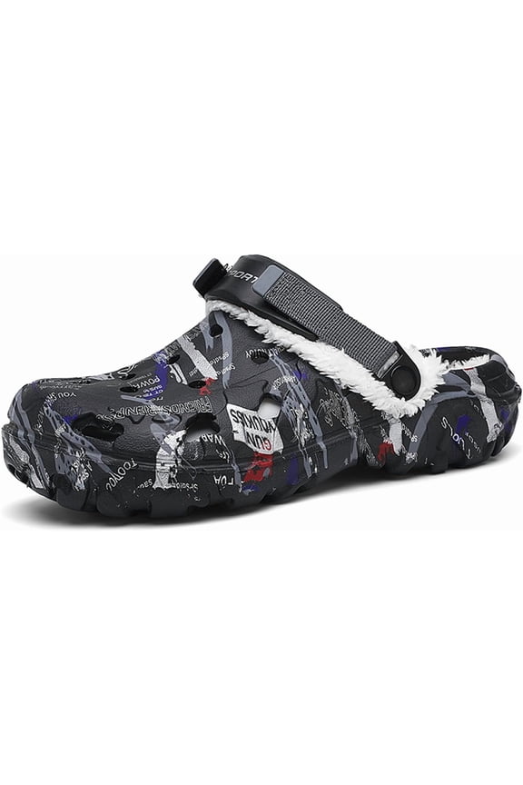 Mens Lined Clogs Camo Fuzzy Garden Shoes Winter Slip-On Slippers Sandals with Adjustable Back Strap