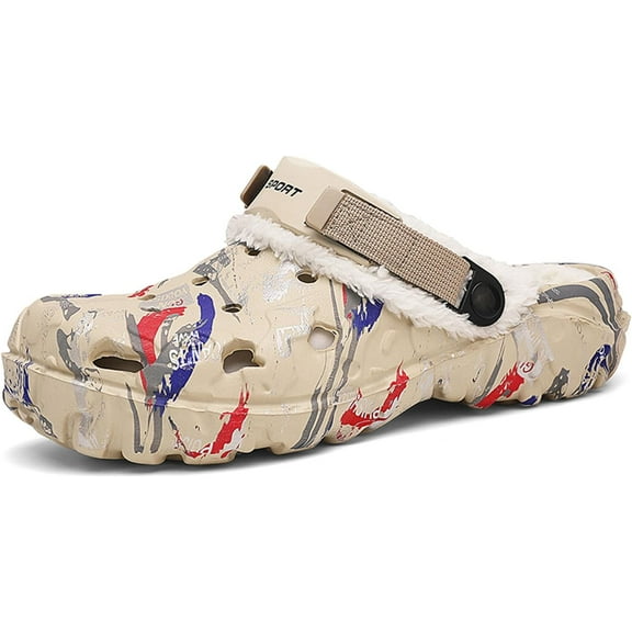 Mens Lined Clogs Camo Fuzzy Garden Shoes Winter Slip-On Slippers Sandals with Adjustable Back Strap