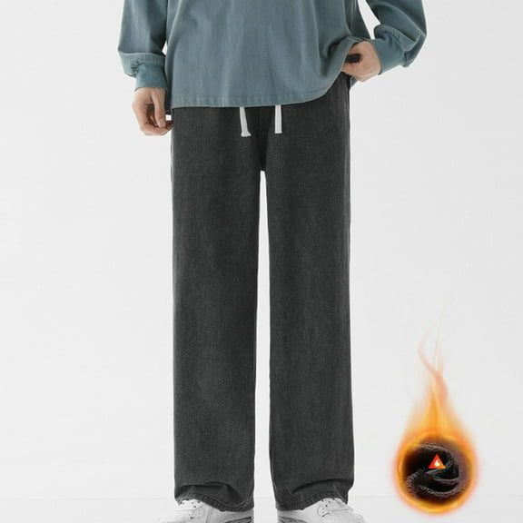 Mens Lined Jeans Winter Thicken Thermal Snow Trousers Comfort Loose Fit Straight Leg Drawstring Denim Pants with Pockets XL