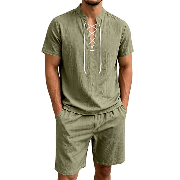 Mens Linen 2 Piece Set Short Sleeve Retro Medieval Viking Lace Up Henley Pirate Shirt and Shorts Summer Distressed Vacation Outfits Army Green