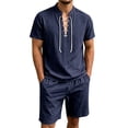 thumbnail image 1 of Mens Linen 2 Piece Set Short Sleeve Retro Medieval Viking Lace Up Henley Pirate Shirt and Shorts Summer Distressed Vacation Outfits Navy, 1 of 8