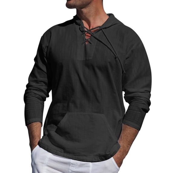 Mens Linen Beach Hoodie Lace-Up V-Neck Long Sleeve T-Shirt Lightweight Sweatshirts Pullover Summer Hippie Shirts, 2XL